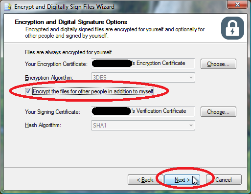 Select Encrypt the files for other people in addition to myself then click Next